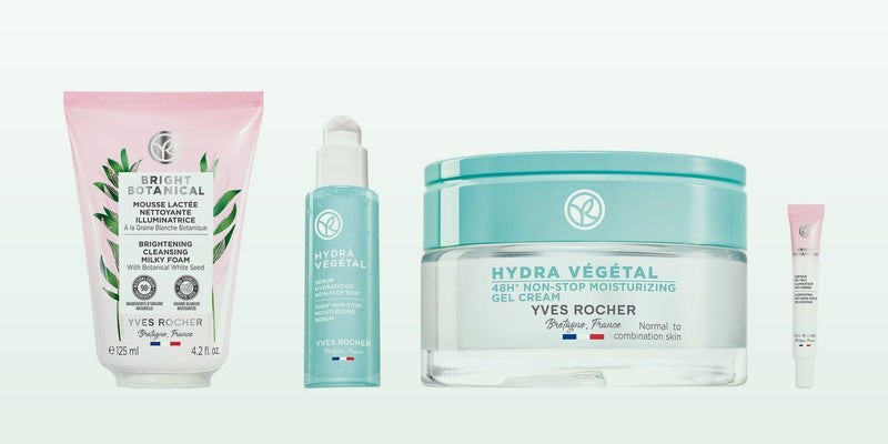 Rutina facial Yves Rocher: espuma limpiadora, sérum, gel-crema hidratante y contorno de ojos